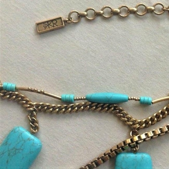 Silpada Turquoise Blue Tablet Beads Brass Chain Link Bid Statement Necklace - Picture 3 of 7